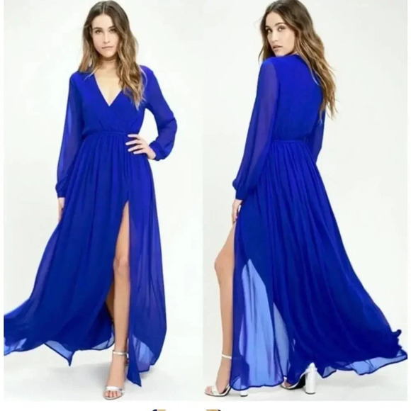 Lulu's Wondrous Water Lilies Maxi Dress Royal Blue Size L - Picture 1 of 9